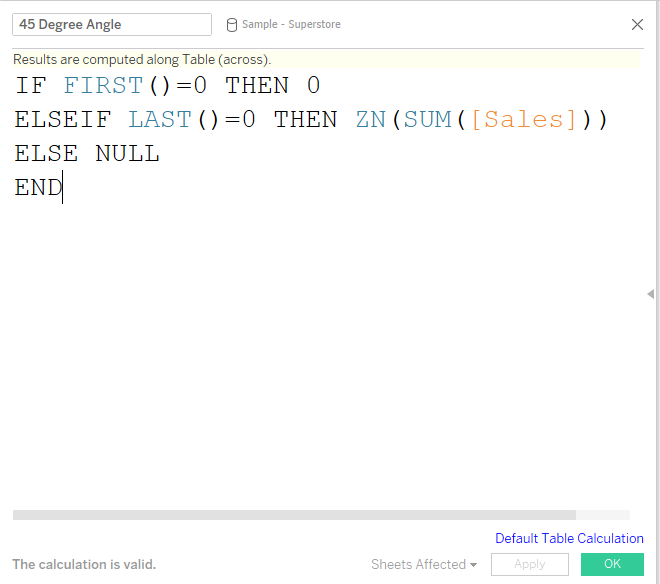 Tableau: 45-Degree Angle Calculation