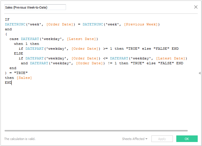 Sales (Previous Week-to-Date) Tableau calculation