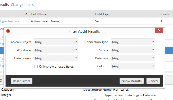 Workbook Tools for Tableau - Data Source Audit - Filter Audit Results