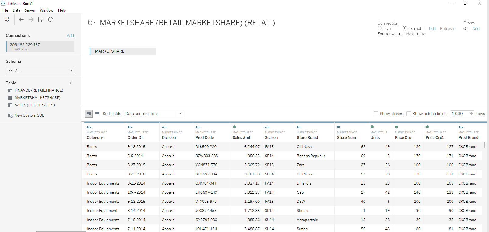 Connecting to EXASOL data in Tableau