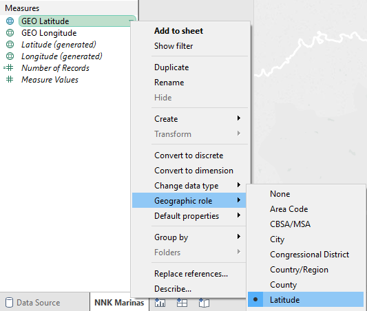 Tableau: GEO Latitude > Geographic role > Latitude