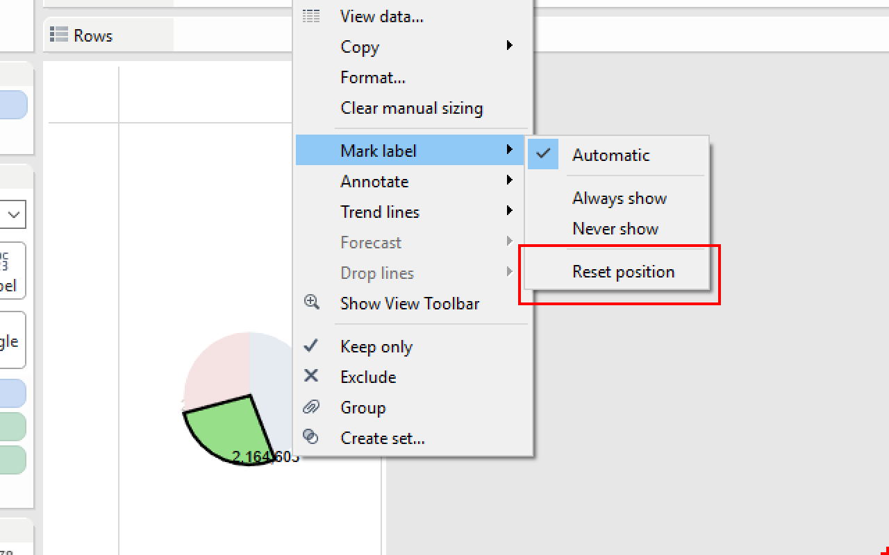 Tableau menu to Mark label menu to Reset position