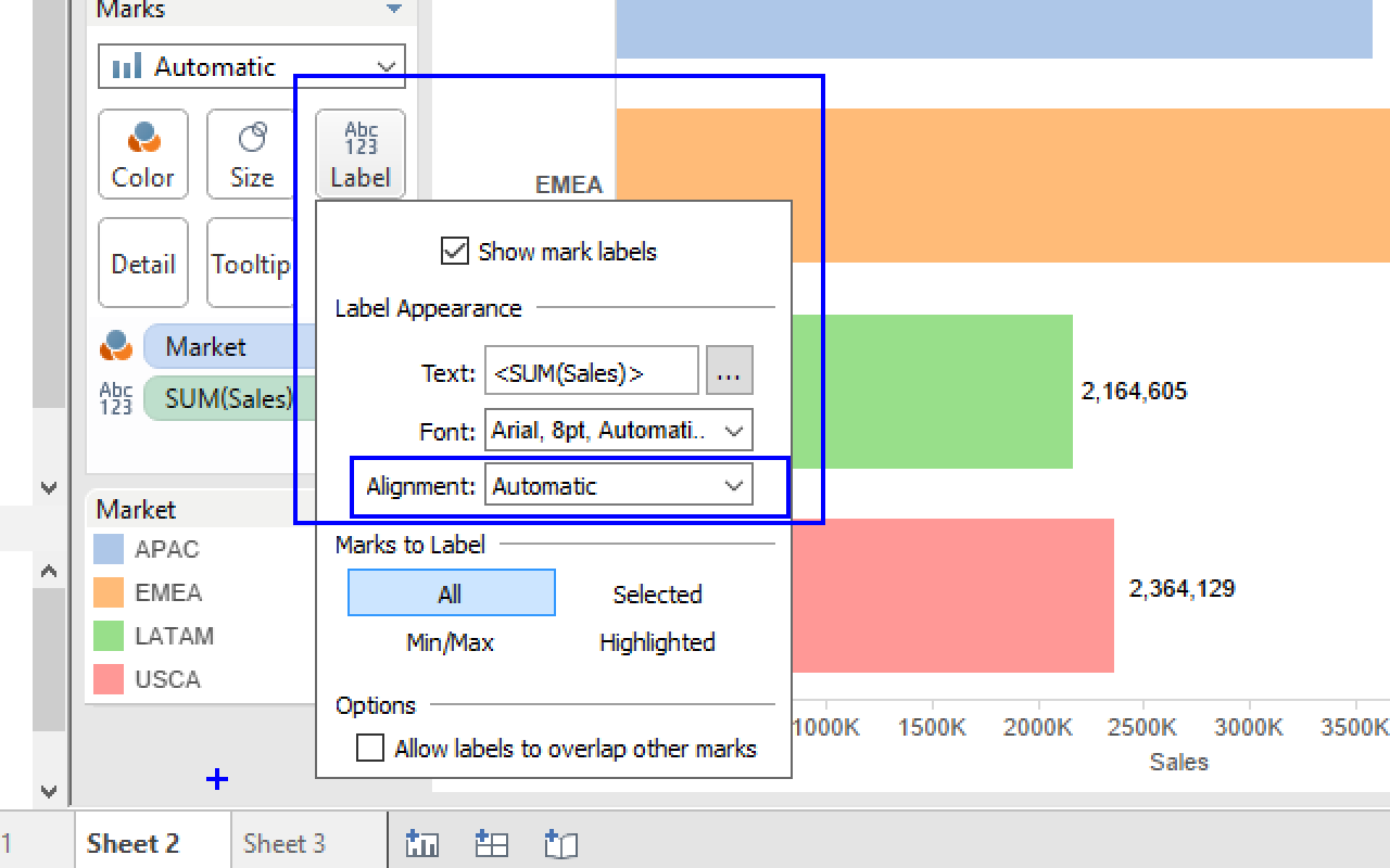 Tableau > Label > Alignment > Automatic