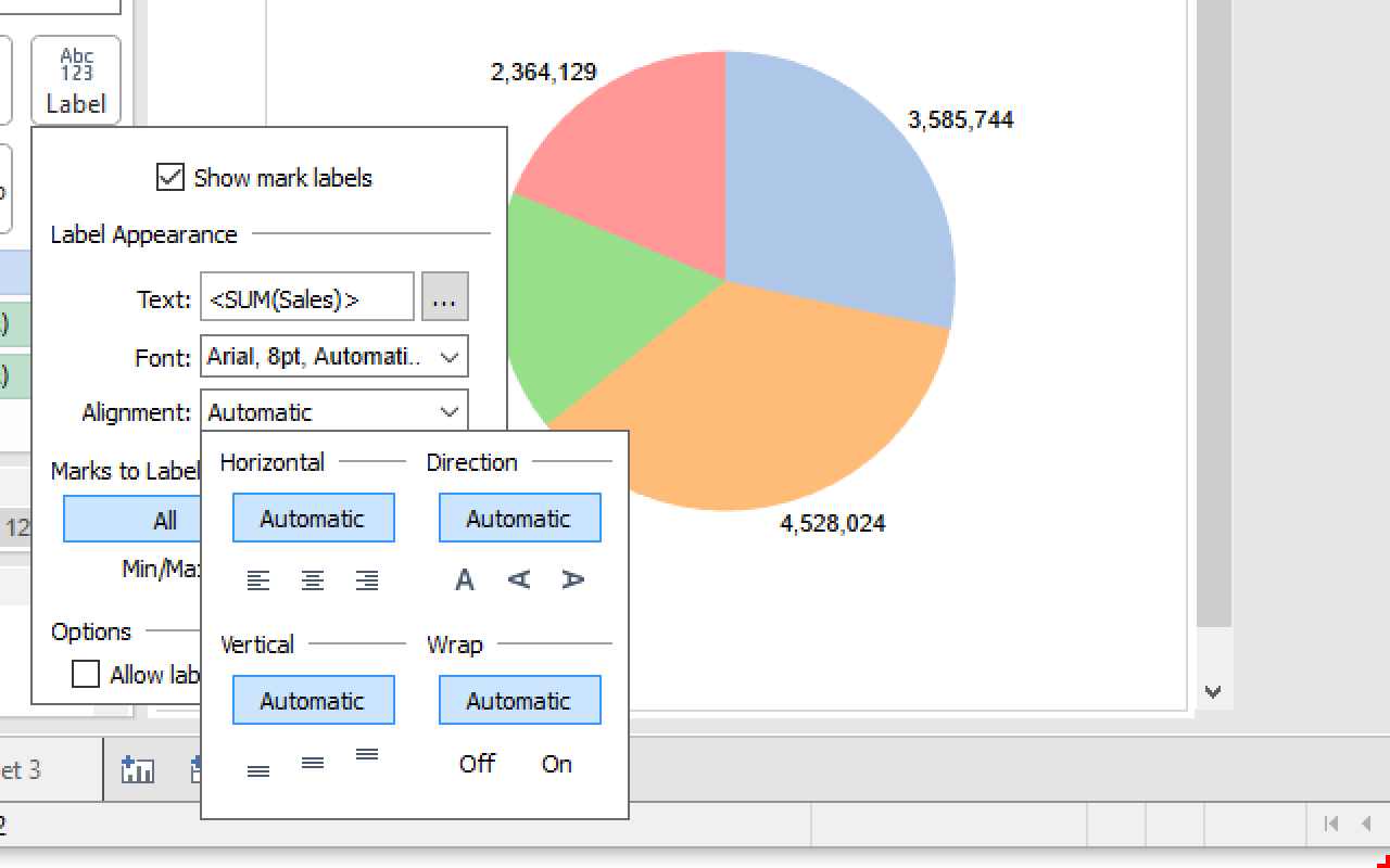Tableau pie chart with labels