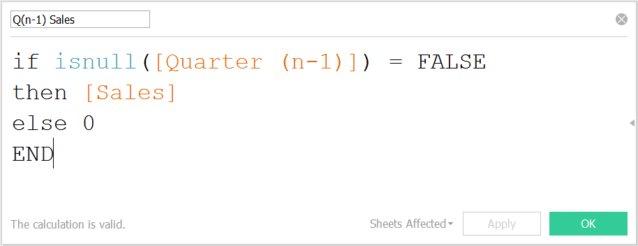 Q(n-1) Sales calculation in Tableau