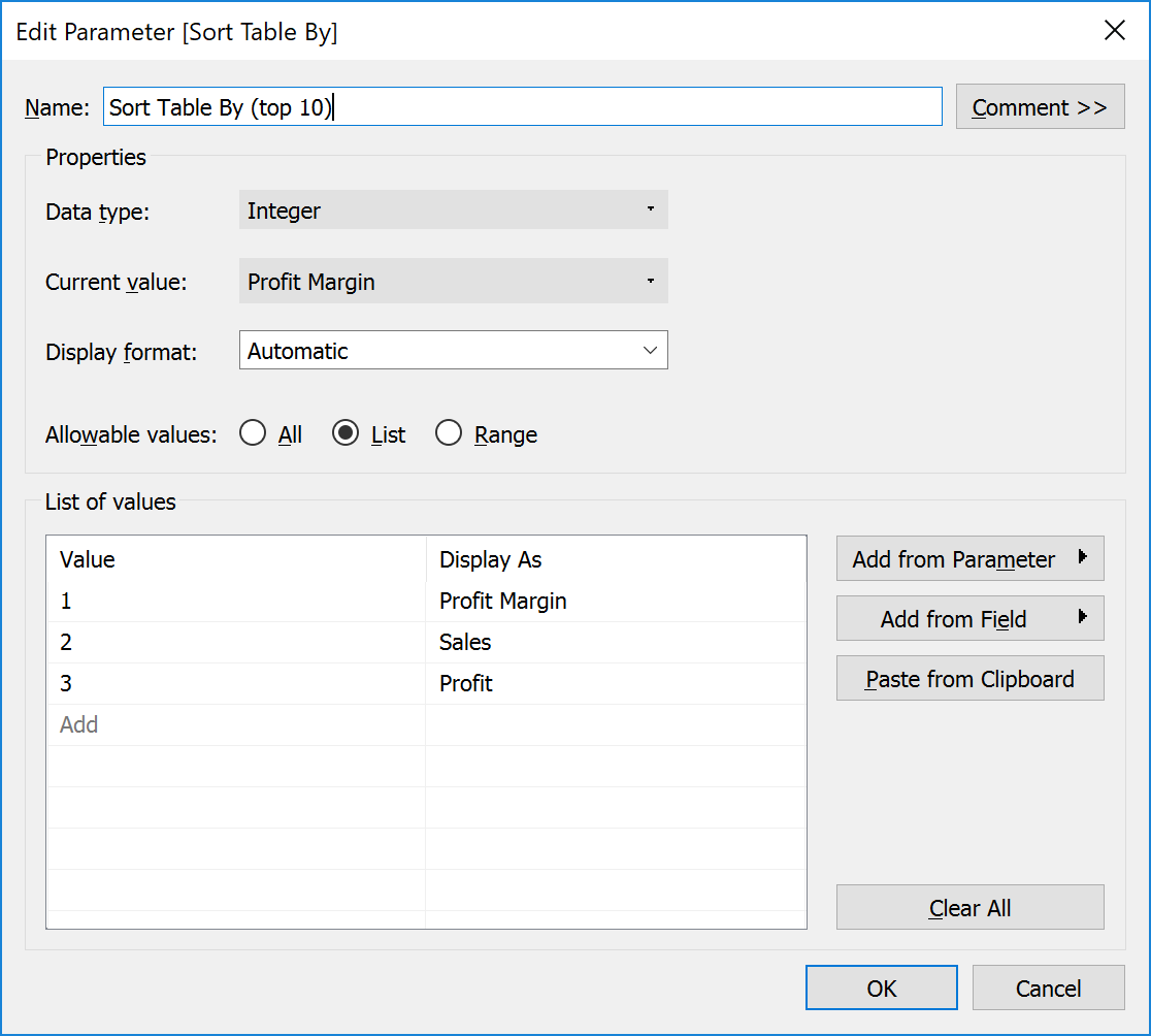 Sort Table By (top 10) paramter