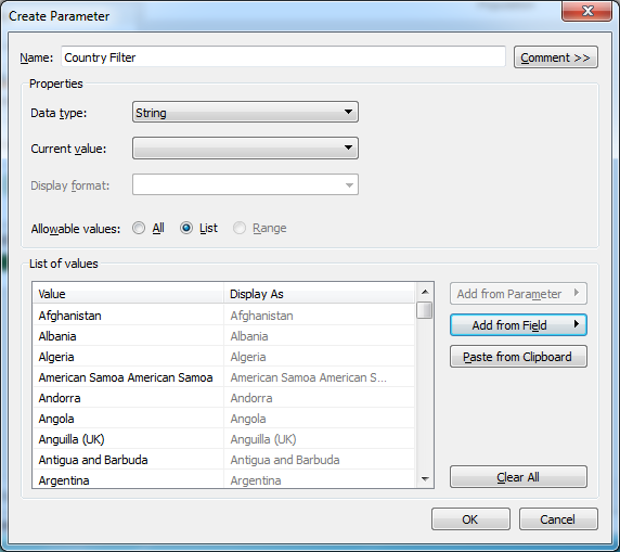 Tableau Create Parameter Country Filter