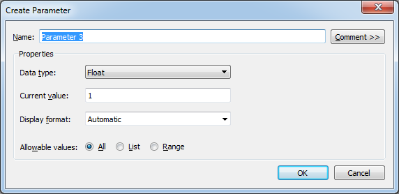 Tableau: Create Parameter window