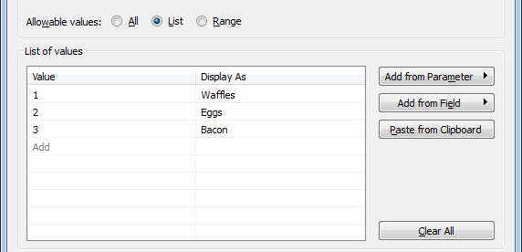 Tableau Parameter Allowable Values: List