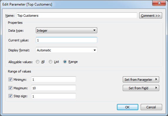 Tableau Parameter Allowable Values: Range