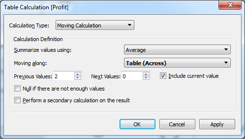 Tableau Table Calculation window