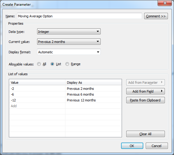 Tableau > Create Parameter > Moving Average Option