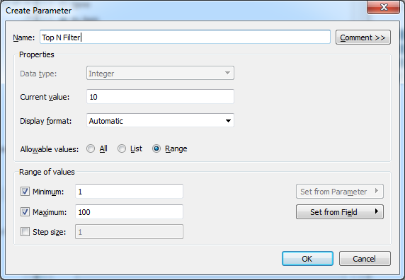 Create Parameter dialogue box