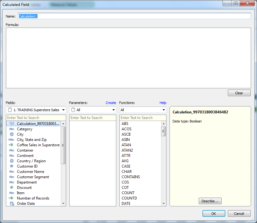 Calculated Field Window