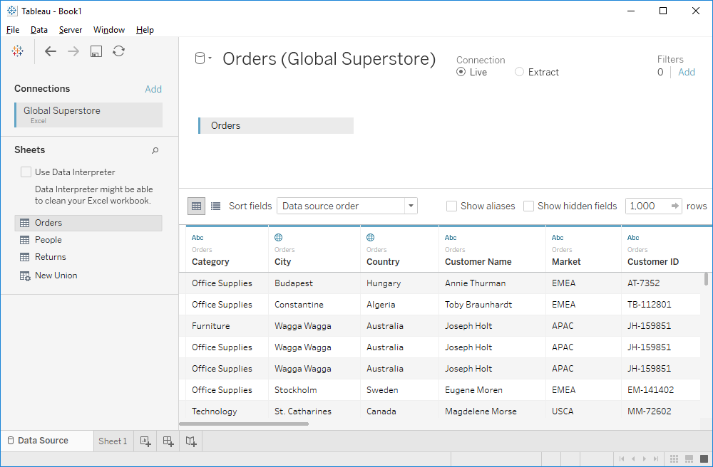 Tableau Data Connection Page