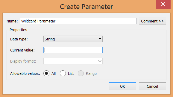 Tableau > Create Parameter > Wildcard Parameter
