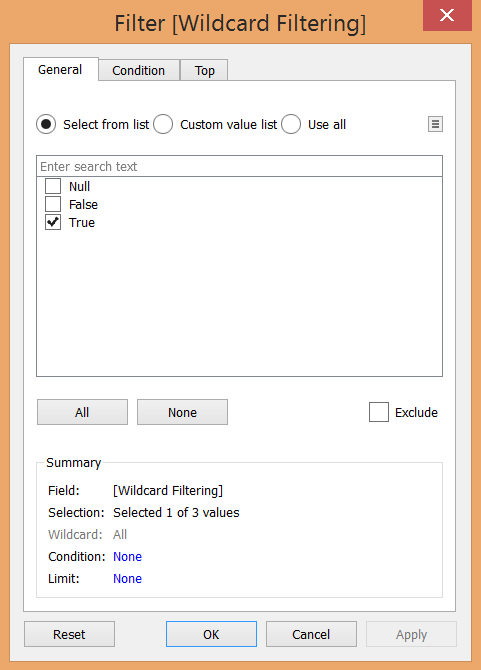 Tableau, Filter (Wildcard Filtering), Pass True
