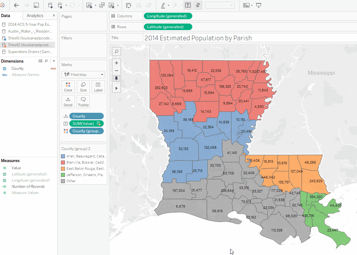 Tableau 10: Louisiana map color coded by parish. Animation