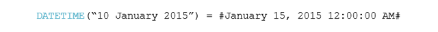 DATETIME(“10 January 2015”) = #January 15, 2015 12:00:00 AM#