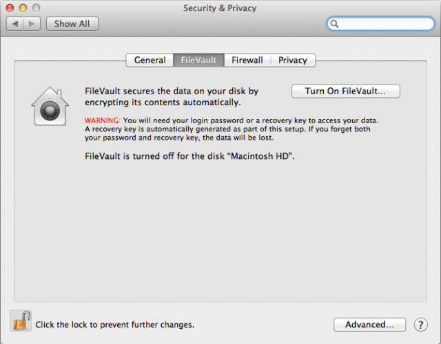 FileVault 2 Settings