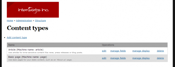 Image shows the content type administration page