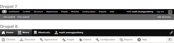 Comparison of the Drupal 7 and Drupal 8 admin bars