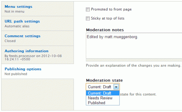 Workbench Moderation combines the workflow state with the existing publish/unpublish flag that Drupal generates.