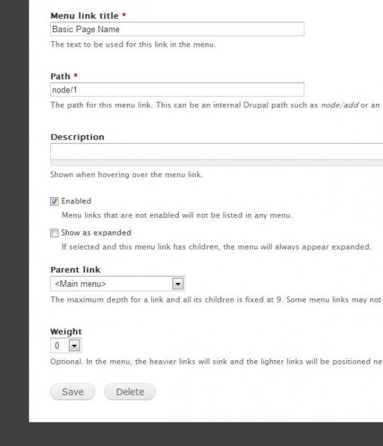 Screenshot confirming Drupal converting the menu path alias from a clean alias to the node/nid