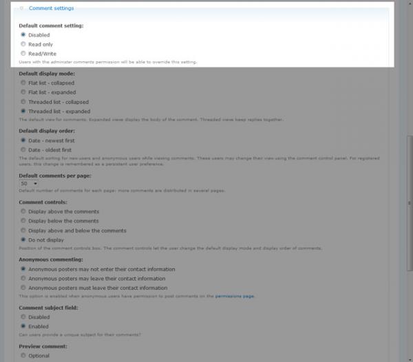Drupal 6 content type comment options