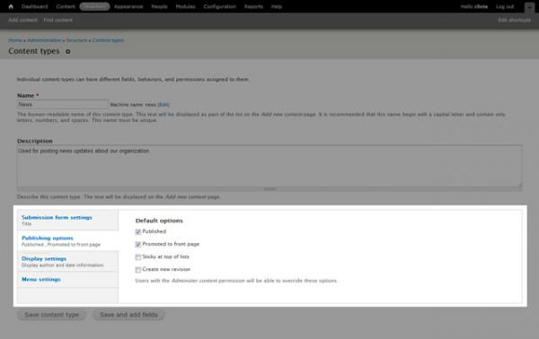 Drupal 7 content type publishing options