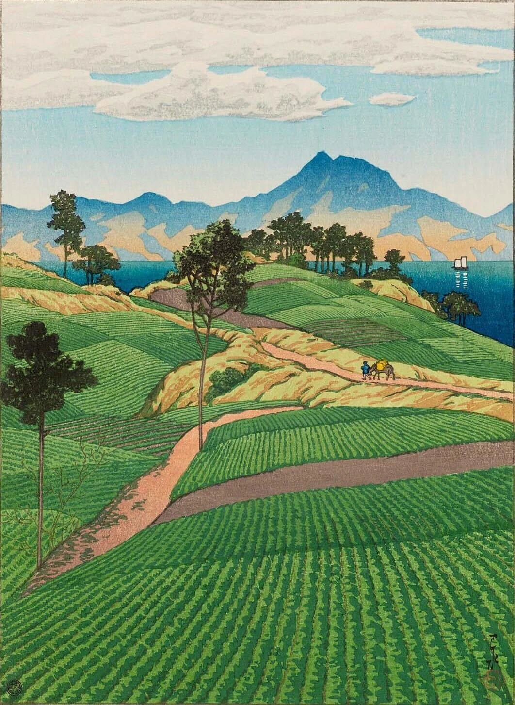 "The Onsen Range Seen from Amakusa," by Japanese artist, Hasui Kawase, 1922.